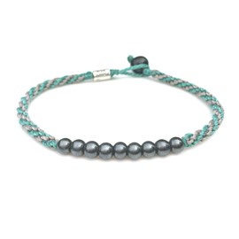 Surfer Anklet Woven Ankle Bracelet w Beaded Hematite Stones in Gray Aqua for Men Women Teens and Kids