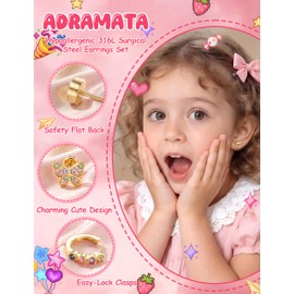 Adramata 10 Pairs Kids Flat Back Earrings Hypoallergenic Hoop Earrings for Girls Stainless Steel Heart Flower Cubic Zirconia Cute Screwback Studs Small Earring Set Silver/14K Gold Plated