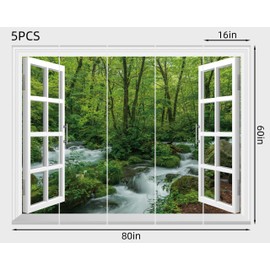 FLFK Fake Window Wall Mural - Streams in The Jungle Faux Window Wall Sticker for Wall Decor, Stick and Peel Wall Decals,80"x60",Set of 5 Sheets
