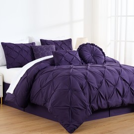 Chezmoi Collection Sydney 7-Piece Pinch Pleat Pintuck Bedding Comforter Set (King, Dark Purple)