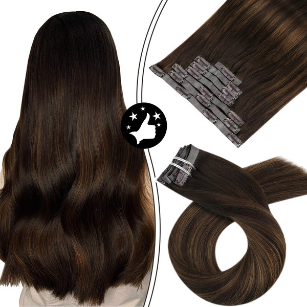 Moresoo 22 Inch PU Clip on Real Human Hair Extensions Clip in Extension Balayage Color #2 Darkest Brown to #6 Medium Brown Mixed with #2 Brown Clip in Hair Extensions Double Weft Human Hair 7PCS 100G
