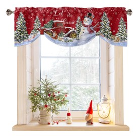 Christmas Snowman Tie Up Valances for Kitchen Windows, Let it Snow Red Truck Christmas Tree Snowflake Rod Pocket Valance Window Treatments Curtains for Living Room Bedroom Farmhouse 54" W x 18" L