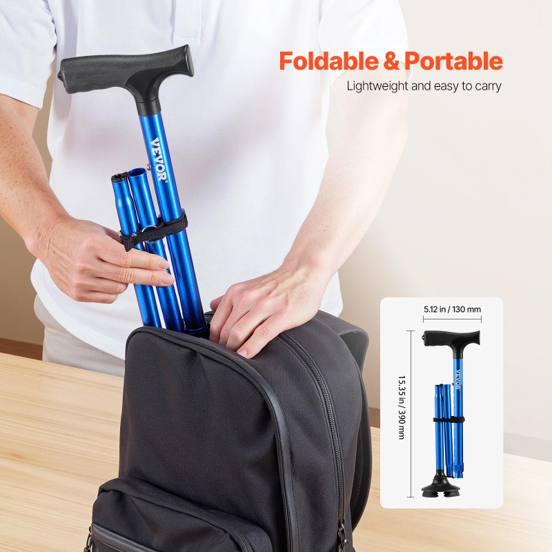 VEVOR Walking Cane Folding Walking Stick 8-Level Height 4-Pronged Pivoting