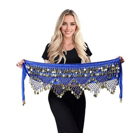 TRIMODI Women's Belly Dance Hip Scarves Performing Glittering Sequined Coins Velvet 320 Coins Belly Dance Belt, Blue Gold, One Size