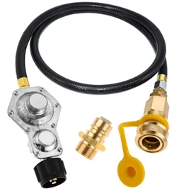 MCAMPAS 5FT Two Stage Propane Regulator & Hose with QCC1/Type1 & 3/4" Female Male Quick Connect Disconnect Fittings – 190000 BTU/Hr Flow, Compatible with Tri Fuel Generators, Gas Appliances