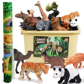 FRUSE Safari Animals Figures Toys w/ 57”x38.5”Jumbo Play Mat,12PCS Realistic Jungle Wild Zoo Animals Figurines Playset with Panda,Lion,Elephant,Educational Learning Toys for Toddlers Kids