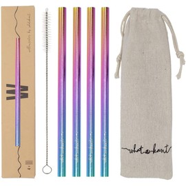 WHATAKANT - Wellenreiter Stainless Steel Straws | Set of 4 in Colourful | Sustainable Straight Straws with Cotton Bag & Cleaning Brush | Reusable Plastic-Free Drinking Straws | 15.5 cm Length