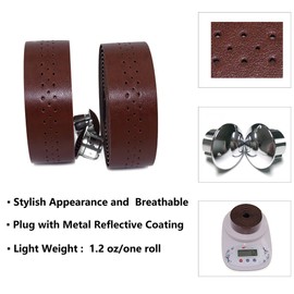 KINGOU Dark Brown Handlebar Tape Luxury PU Leather Bar Tape Fixed Gear/Road Bike Bar Wrap with 2 Reflective Plug