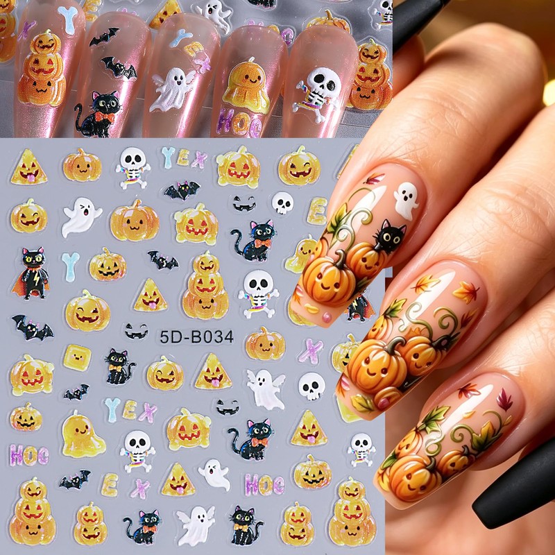 Halloween Ghost Embossed Nail Sticker 10PCS 3/5D Self Adhesive Nail