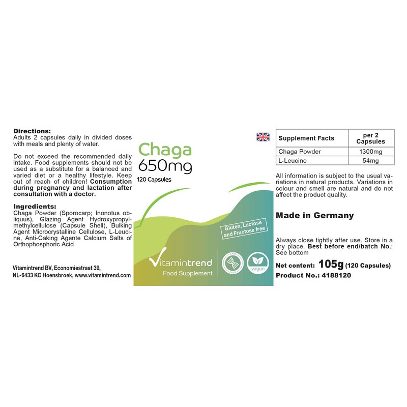 Chaga Powder 650 mg - 120 Capsules, Functional Vital Mushroom,