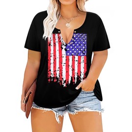RITERA Plus Size Tops for Women Ring Hole Short Sleeve American Flag Shirts 4th of July Star Stripes Print Tees Casual Patriotic T-Shirts Summer V Neck Tunics XL 14W 16W