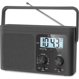 Portable - Shortwave Radio Battery Powered or Plug in Wall for Home Outdoor, Strong Reception, Large Dial Easy to Use, Digital Time Display, Transistor Antenna, Seniors Small Gfit - Color: Black