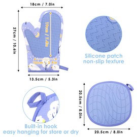 BREENHILL Oven Mitts and Pot Holders Set, Blue Bear 3 Count, Heat Resistant Cotton Oven Mitts Gloves with Non-Slip Silicone Texture for Kitchen Home Barbecue