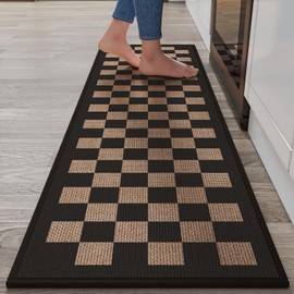 YDKGL Kitchen Runner Rugs Non Slip Washable, Anti Fatigue Super Absorbent Cushioned Kitchen Mats for Floor, Linen-Look Woven Kitchen Sink Mat Standing Mat, Easy Clean, Black Brown Checkered 17"x59"