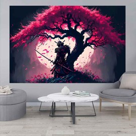 Ine Ive Japanese Samurai Tapestry for Bedroom Aesthetic - Full Moon Cherry Blossom Tree Warrior Asian Oriental Wall Art - 60x40 Inches - Japan Art for Dorm Office Home Decor - GTDWIE0301