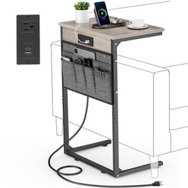 Vagusicc C Shaped End Table with Charging Station, 28" Tall Side Table for Couch, Small Slide Under Sofa Table with Storage Bag for Small Spaces, Snack Table TV Tray Table Arm Table for Living Room