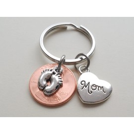 Custom Penny Keychain With Baby Feet Charm & Heart Charm, Mom or Dad Keychain, Mother's Day or Father's Day Key Chain, Baby Shower Keychain