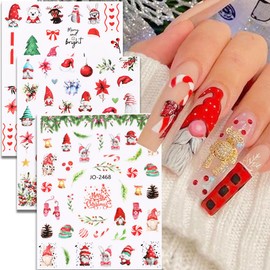 KZBTRBT 6Sheets Christmas Nail Stickers 3D Cartoon Gnome Santa Claus Decals Art Supplies Winter Snowflake Snowman Bell Tree Elk Colorful Design Sticker for New Year Manicure Accessories