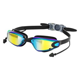 Feelorna Swimming Goggles, Anti-Fog No Leaking Swim Goggles for Adult Men Women UV Protection Adjustable Wide Clear Vision Swimming Goggles with Earplugs and 3 Sizes Nose Bridges (Black/Colorful)