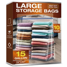 15 Gallon Large Storage Bags, 3.5 Mil Thick Clear Plastic Zipper Bags with Handles, 24" x 24" Large Heavy Duty for Home, Travel, and Moving (10 Packs)