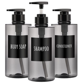 Shower Bottles Refillable, Segbeauty 3pcs 16.9oz/500ml Liquid Soap Dispenser with Labels, Empty Plastic Soap Lotion Pump Press Bottles for Shampoo Conditioner Body Soap Hand Soap Bathroom Hotel Gray