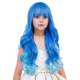 Edivd Girls Ombre Blue Wig Child Long Light Blue Wig with Bangs Kids Long Wavy Curly Wigs Heat Resistant Synthetic Wigs with Cap