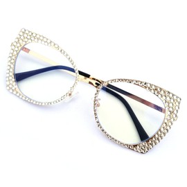 willochra Oversized Cat Eye Crystal Rhinestone Reading Glasses for Women Sparkling Female Trendy bling Diamond Reader (GOLD, 2, x)