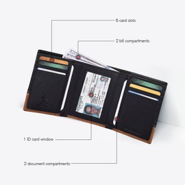 ESTALON Leather Trifold Wallet For Men with RFID Blocking - Men's Trifold Wallet with 6 Credit Card Slots 1 ID Window - Gifts For Men, Him