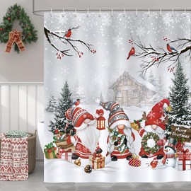 Bonhause Shower Curtain Christmas Gnome Xmas Christmas Tree Winter Shower Curtains 180 x 180 cm Anti-Mould Waterproof Polyester Fabric Washable Bathroom Curtain for Bathroom with 12 Hooks