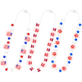 EOBOH 4th of July Necklace, 3PCS Independence Day Light up Necklace Bulk, Red White Blue Patriotic Star USA Flags Fourth of July Party Favor, Glow Stuff for Memorial Veterans Parades Party