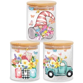 JarThenaAMCS 3Pcs Spring Floral Glass Storage Jars with Airtight Lid Tulip Flower Gnome Truck Butterfly Decorative Canisters Sets for Farmhouse Home Kitchen Countertop