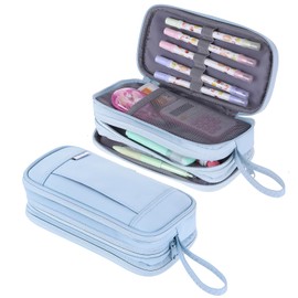 NOL - Estuche para lápices de gran capacidad orgánico natural con cierre, 3 compartimentos, organizador de papelería, bolsa multifuncional para lápices para escuela, niña, niño, adultos, azul claro