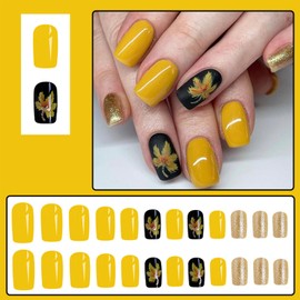 Yellow Fall Press on Nails Short Square False Nails Gold Glitter Designs Maple Leaf Fake Nails Glossy Acrylic Nails Reusable Thanksgiving Day Glue on Nails Artificial Nails for Women and Girls 24 Pcs