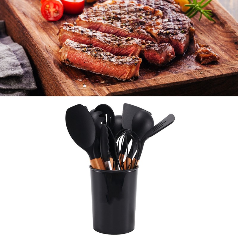 11 Pcs Silicone Kitchenware Set Heat Resistance Wooden Handle Kitchen