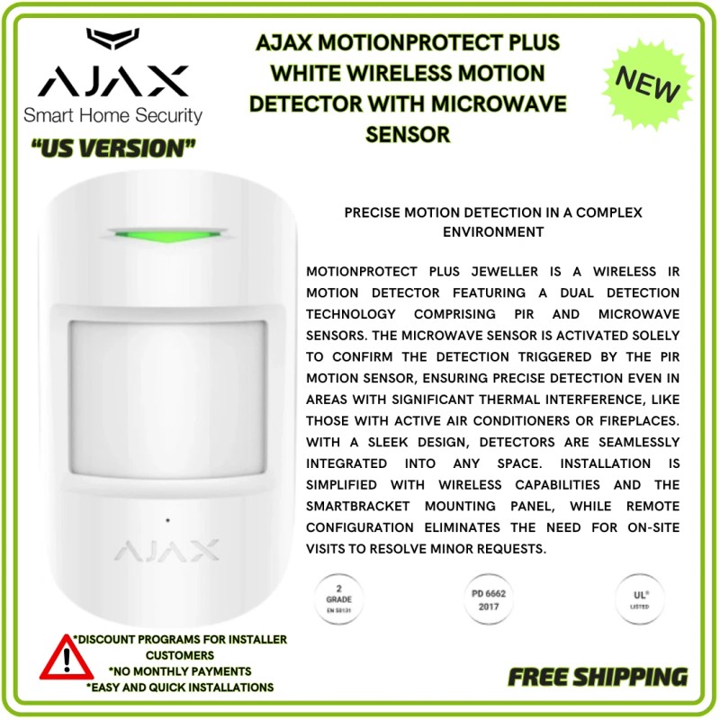 AJAX MotionProtect Plus White Wireless Motion Detector with Microwave Sensor