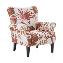 BELLEZE Modern Accent Chair for Living Room, High Back Floral Armchair with Wooden Legs, Upholstered Wingback Side Chair Padded Armrest Single Sofa for Living Room, Bedroom - Allston (Red Floral)