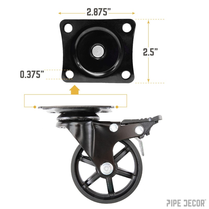 PIPE DECOR Mounted Swivel Caster Wheels (4-Pack), Mountable Casters for