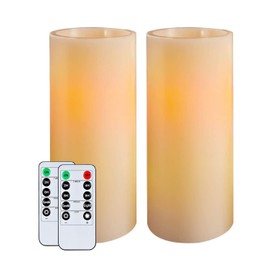 Homemory 9" x 3" Flameless Candles Battery Operated, Flickering LED Pillar Candles with Timers and 2 Remote Controls, Indoor Only, Flat Top, Ivory White Wax, Set of 2