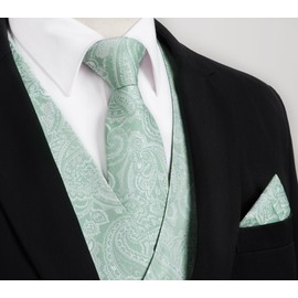 Enlision Green Suit Vest for Men Formal Paisley Mens Mint Green Vests Dress Tie and Pocket Square Cufflinks Set Spring Waistcoat Wedding Business