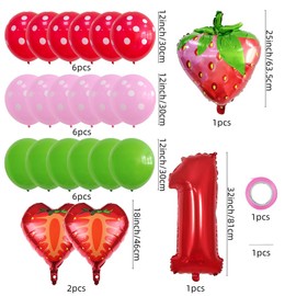 Strawberry Balloons Number 1 Balloons Polka-dot Latex Balloons for Girl Fruit 1st Birthday Party Decoration Supplies