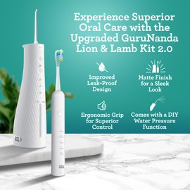 GuruNanda Lion & Lamb Kit 2.0, Electric Toothbrush with Water Flosser Combo, 4 Jet Tips, 4 Brush Heads, & IPX7 Waterproof Design for Complete Oral Care, White