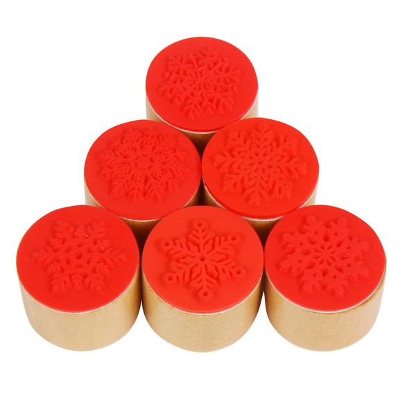 KIMOBER 6pcs Round Wooden Rubber Stamps with Snowflake Pattern for
