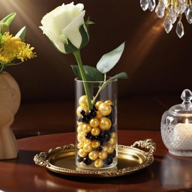 UDU 200 Pcs Vase Filler Pearl Beads No Hole Faux Polish Pearls for Centerpieces Vases Beads for Floating Candles Home Birthday Wedding Party Table Decor (Black and Gold)