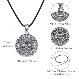 JFASHOP Wolf Head Pendant Necklace, 925 Sterling Silver Viking Runes Amulet Animal Necklace Wolf Talisman Jewellery Valentines Gifts Christmas for Men Women Girls