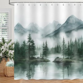 JAZEAOI Green Misty Forest Shower Curtain, Watercolor Mountain Lake Rustic Nature Scenery Woodland Landscape Bathroom Decor Set, Waterproof Polyester Fabric Bath Curtain with Hooks 72x72 Inch