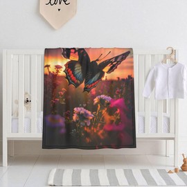 E-RIDES 76x100CM Small Flannel Blanket, Flower Butterfly at Sunset Blanket for Babies, Kids, Cat, Dog, Travel - Lightweight Blanket for Couch, Bed, Car, and Stroller, Idea Birthday Gift