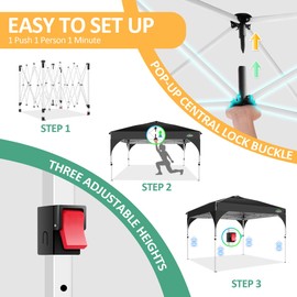 COBIZI Canopy Tent 10x10, Ez Up 10x10 Pop Up Canopy Tent for Party Camping, Party Tents with One Push Central Button Air Vent, Outdoor Gazebo Canopy Tent with Sidewalls and Reflective Strip(Black)