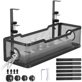 Cinati Under Desk Cable Management Tray – 15.7” No-Drill Cable Management Box with Clamp for Desk Wire Management, Space-Saving Cable Tray for Office & Home(Black)