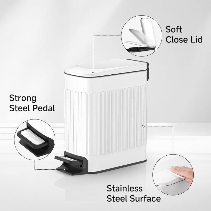 TIPGO Slim Bathroom Trash Can with Lid Soft Close, Step