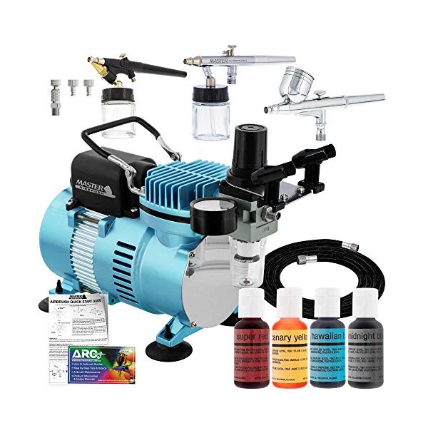 Master Airbrush Cool Runner II Dual Fan Air Compressor Cake Decorating System Kit with 3 Airbrushes, Gravity and Siphon Feed, 4 Color Chefmaster Food Coloring Set - How-to Guide, Hose Cupcake, Cookie
